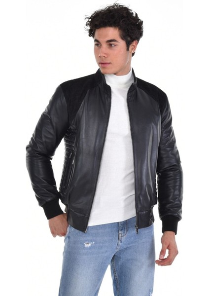 Hakiki Deri Siyah Erkek Deri Mont Hakim Yaka Çift Cepli Deri Ceket