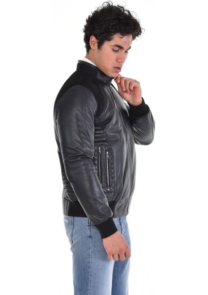 Hakiki Deri Siyah Erkek Deri Mont Hakim Yaka Çift Cepli Deri Ceket fırsatları