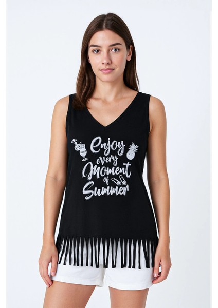 Kadın V Yaka Kolsuz Enjoy Baskılı Püsküllü Ince Esnek Plaj Elbise indirimleri