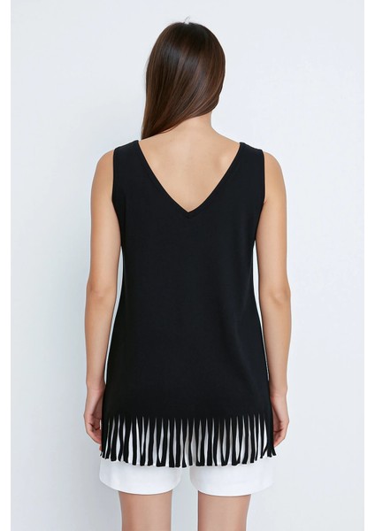 Kadın V Yaka Kolsuz Enjoy Baskılı Püsküllü Ince Esnek Plaj Elbise