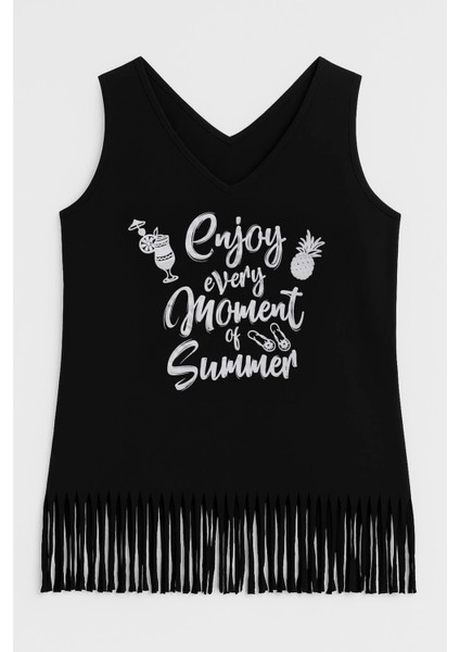 Kadın V Yaka Kolsuz Enjoy Baskılı Püsküllü Ince Esnek Plaj Elbise