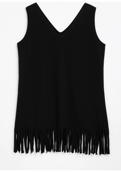 Kadın V Yaka Kolsuz Enjoy Baskılı Püsküllü Ince Esnek Plaj Elbise