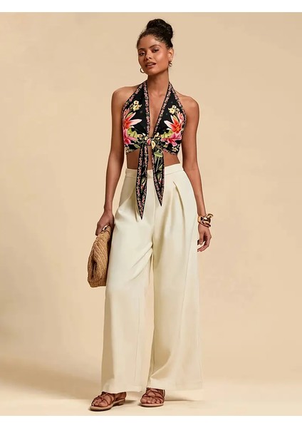 Floral Crop Bluz, Önden Bağlamalı Desenli Bleu Blanc Çok Renkli
