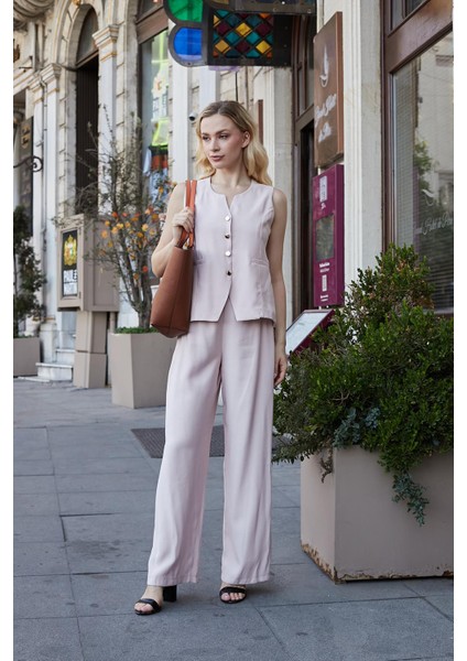 Kadın Likrasız Ipeksi Modal Yumuşak Dokulu Kumaş Flato Cepli Düğmeli Yelek-Pudra