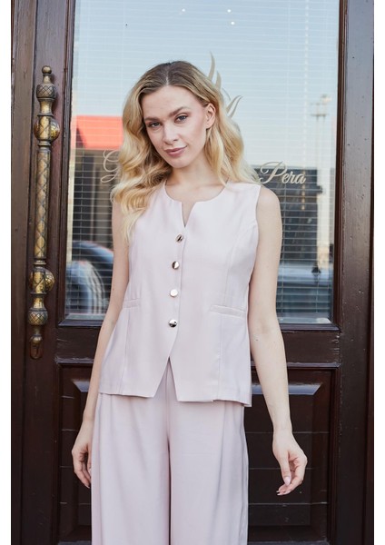 Kadın Likrasız Ipeksi Modal Yumuşak Dokulu Kumaş Flato Cepli Düğmeli Yelek-Pudra fiyatları