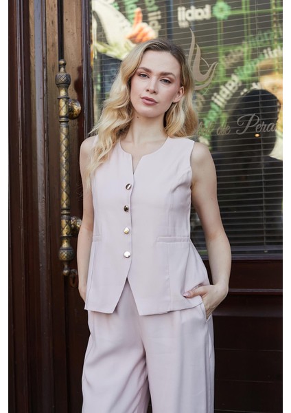 Kadın Likrasız Ipeksi Modal Yumuşak Dokulu Kumaş Flato Cepli Düğmeli Yelek-Pudra fırsatları