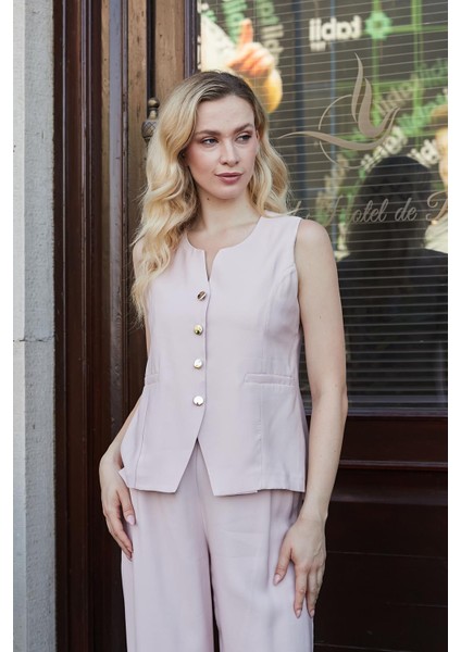 Kadın Likrasız Ipeksi Modal Yumuşak Dokulu Kumaş Flato Cepli Düğmeli Yelek-Pudra indirimleri