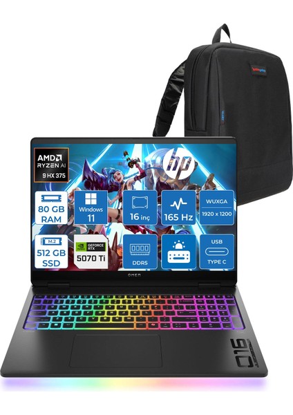 Omen Max 16-AK0005NT Amd Ryzen Aı 9 HX375 80GB 512GB SSD 12GB/RTX5070Tİ Gddr7 16 Inç 2k 165 Hz, 3 Ms 400 Nit Windows 11 Pro Taşınabilir Bilgisayar ZBQ1Y0EAP33+ZETTAÇANTA