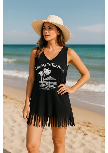 Kadın V Yaka Kolsuz Beach Baskılı Püsküllü Ince Esnek Plaj Elbise