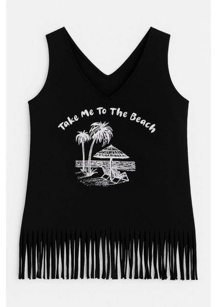 Kadın V Yaka Kolsuz Beach Baskılı Püsküllü Ince Esnek Plaj Elbise fiyatları