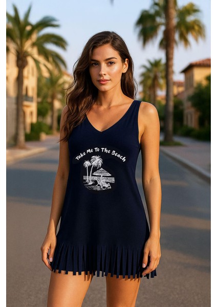 Kadın V Yaka Kolsuz Beach Baskılı Püsküllü Ince Esnek Plaj Elbise