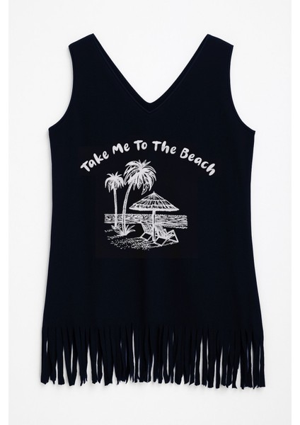 Kadın V Yaka Kolsuz Beach Baskılı Püsküllü Ince Esnek Plaj Elbise fiyatları