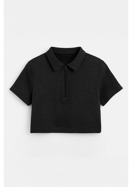 Kadın Polo Yaka Fermuarlı Crop T-Shirt