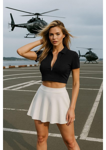 Kadın Polo Yaka Fermuarlı Crop T-Shirt modelleri