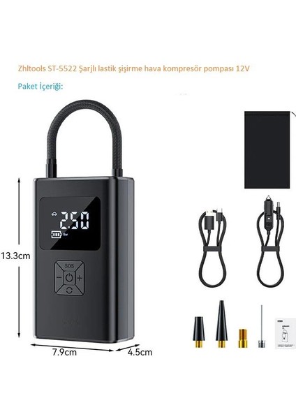 Zhltools ST-5522 Şarjlı Lastik Şişirme Hava Kompresör Pompası 12V LED Işıklı indirimleri