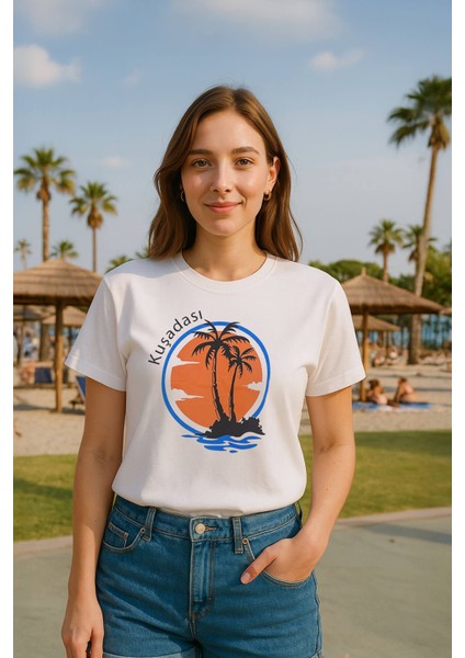 Kadın Bisiklet Yaka %100 Pamuk Turuncu Kuşadası Baskılı Kısa Kollu T-Shirt