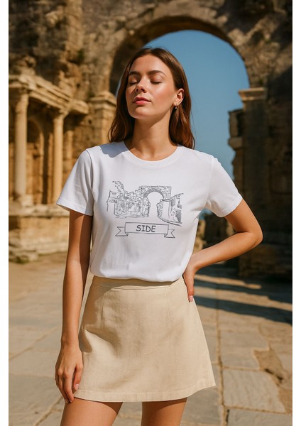 Kadın Bisiklet Yaka %100 Pamuk Side Baskılı Kısa Kollu T-Shirt