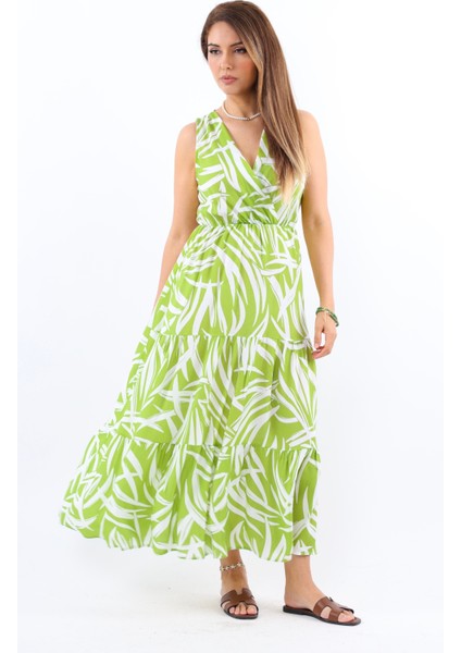 Kadın Santorini Bel Lastikli Yeşil Viskon Elbise