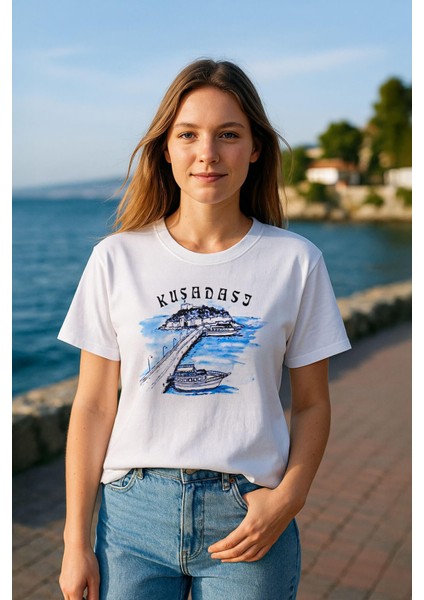 Kadın Bisiklet Yaka %100 Pamuk Mavi Kuşadası Baskılı Kısa Kollu T-Shirt