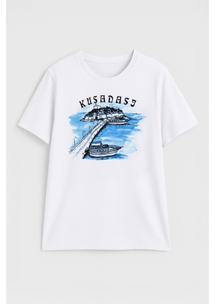 Kadın Bisiklet Yaka %100 Pamuk Mavi Kuşadası Baskılı Kısa Kollu T-Shirt fiyatları