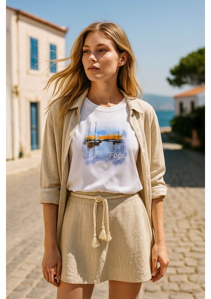 Kadın Bisiklet Yaka %100 Pamuk Foça Baskılı Kısa Kollu T-Shirt