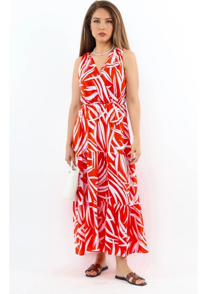 Kadın Santorini Bel Lastikli Mercan Viskon Elbise