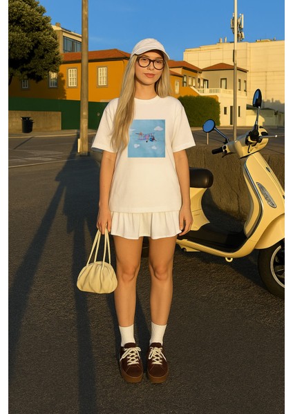 Kadın Bisiklet Yaka %100 Pamuk Helikopter Baskılı Kısa Kollu T-Shirt