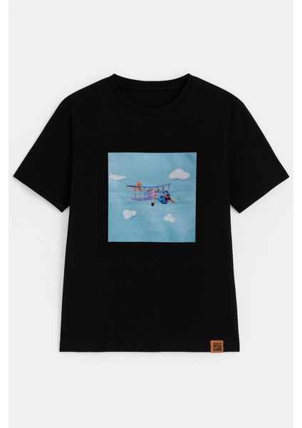 Kadın Bisiklet Yaka %100 Pamuk Helikopter Baskılı Kısa Kollu T-Shirt