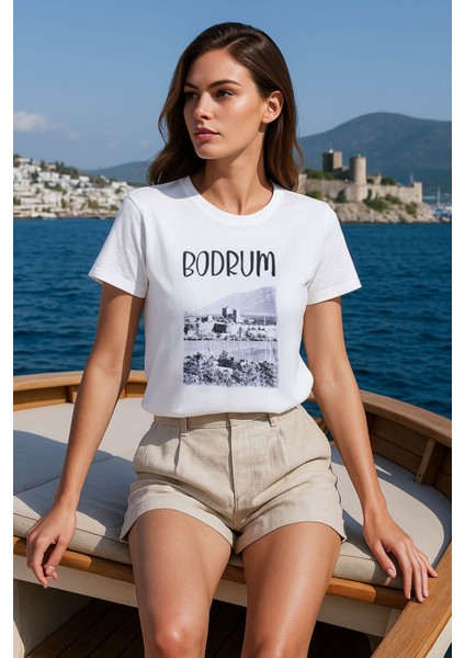 Kadın Bisiklet Yaka %100 Pamuk Bodrum Baskılı Kısa Kollu T-Shirt