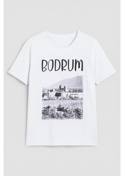 Kadın Bisiklet Yaka %100 Pamuk Bodrum Baskılı Kısa Kollu T-Shirt fiyatları