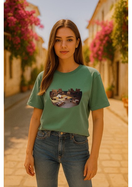 Kadın Bisiklet Yaka %100 Pamuk Blok Baskılı Kısa Kollu T-Shirt
