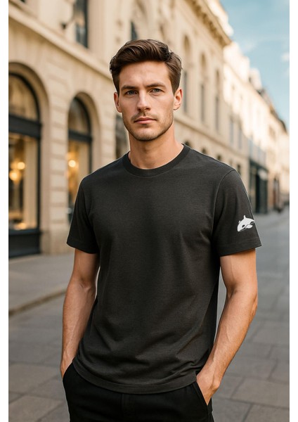 Erkek Bisiklet Yaka Basic Düz Kısa Kollu Gri T-Shirt