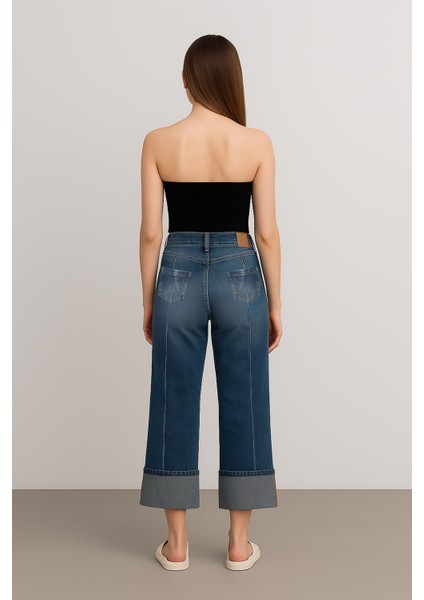 Kadın Yüksek Bel Paçası Katlı Relaxed Fit Mavi Jean Pantolon fiyatları