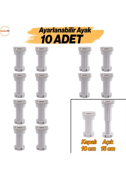 Ayarlanabilir 10 cm Ayak Set 10 Adet Dolap Mobilya Tezgah Puf Yükseltici Yükseltme Ayağı Ayakları