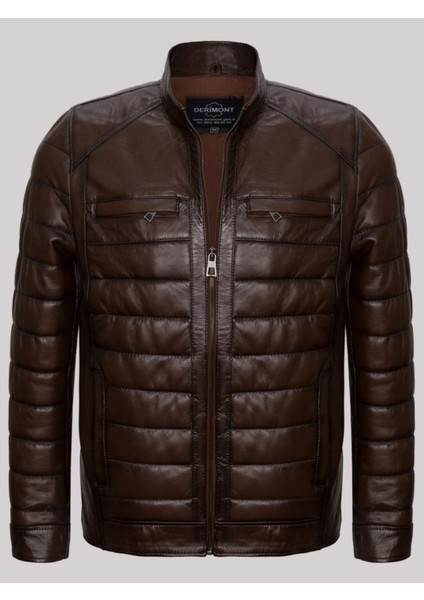 Hakiki Deri Kahverengi Erkek Deri Mont Düz Çizgi Desenli Dört Cepli Şişme Deri Ceket