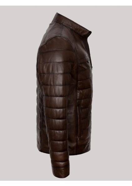 Hakiki Deri Kahverengi Erkek Deri Mont Düz Çizgi Desenli Dört Cepli Şişme Deri Ceket modelleri