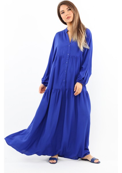 Prive Kadın Base %100 Viskon Saks Mavi Maksi Boy Yazlık Elbise modelleri