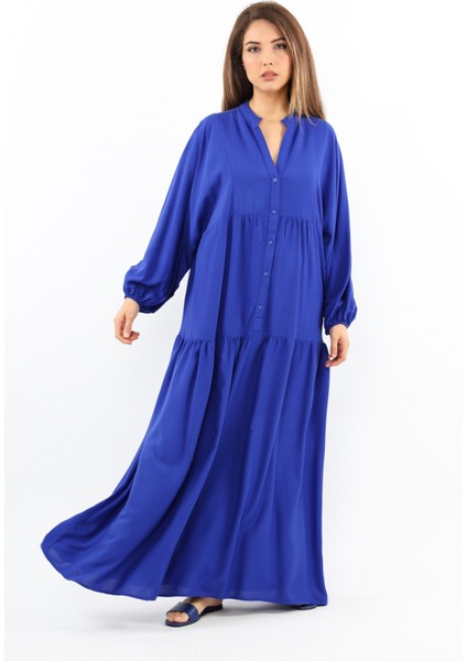 Prive Kadın Base %100 Viskon Saks Mavi Maksi Boy Yazlık Elbise