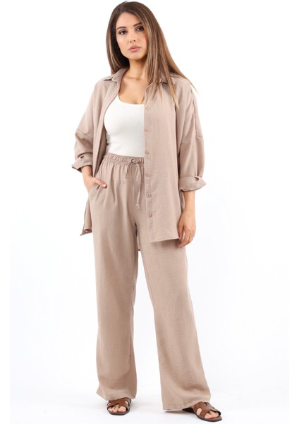 Kadın Keten Comfy Bej Alt Üst Takım