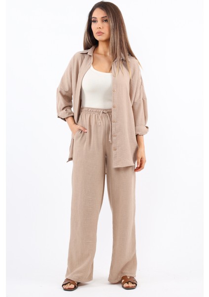 Kadın Keten Comfy Bej Alt Üst Takım