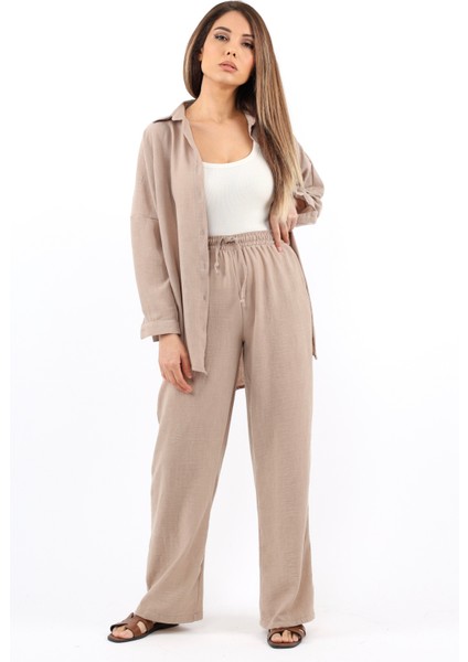 Kadın Keten Comfy Bej Alt Üst Takım