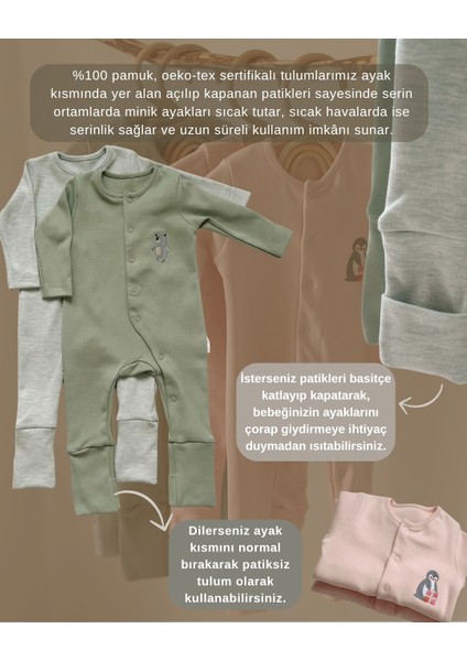 Uzun Kollu Unisex Bebek Tulum Aç Kapa Patikli %100 Pamuk Ekstra Yumuşak Doku Oeko-Tex Sertifikalı modelleri