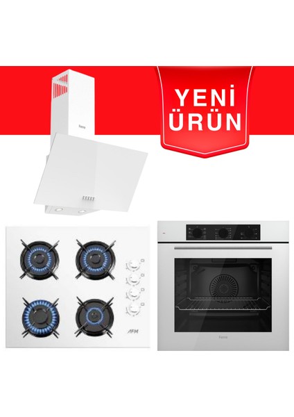 & Afm Tech Fethy Series Beyaz Cam Ankastre Set ( Ferre QBL62CB + D087 + Afm 2201 )