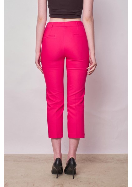 Yüksek Bel Önden Cep Kapaklı Boru Paça Hafif Likralı Kumaş Pantolon-Fujya indirimleri