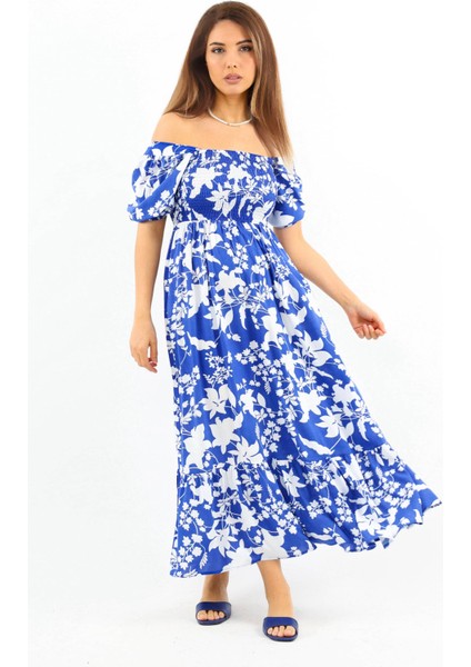 Kadın Positano Mavi Gipeli Viskon Uzun Elbise