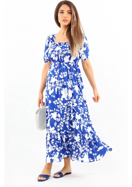 Kadın Positano Mavi Gipeli Viskon Uzun Elbise modelleri