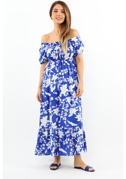 Kadın Positano Mavi Gipeli Viskon Uzun Elbise