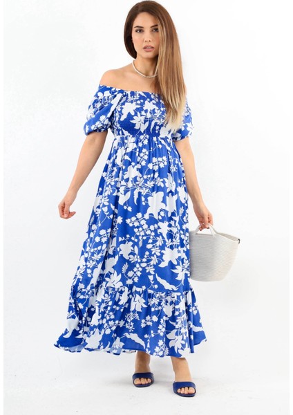 Kadın Positano Mavi Gipeli Viskon Uzun Elbise