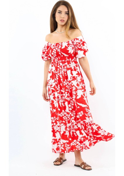 Kadın Positano Kırmızı Gipeli Viskon Uzun Elbise