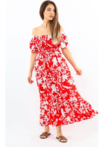 Kadın Positano Kırmızı Gipeli Viskon Uzun Elbise